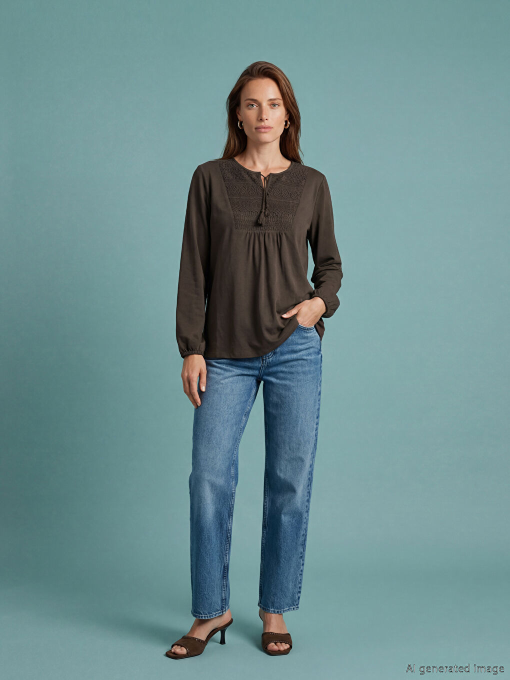 Kahverengi Bağlamalı Yaka Nakışlı Bluz-1