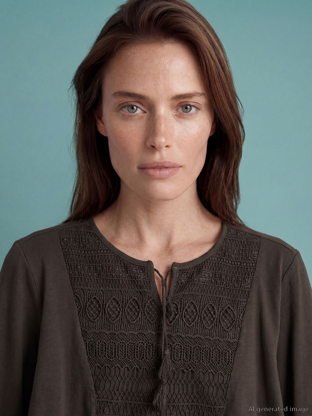 Kahverengi Bağlamalı Yaka Nakışlı Bluz-2