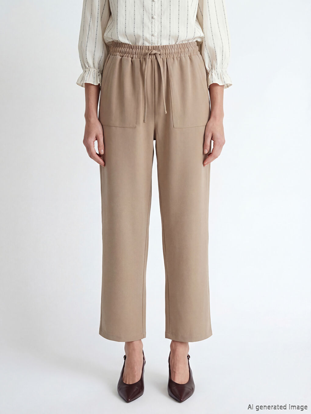 Kahverengi Beli Lastikli Armürlü Kadın Pantolon-1