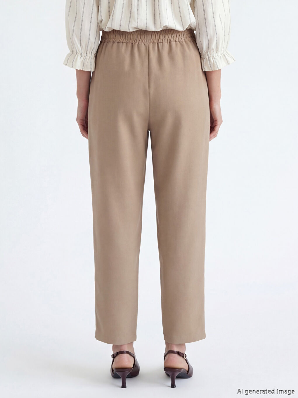 Kahverengi Beli Lastikli Armürlü Kadın Pantolon-3