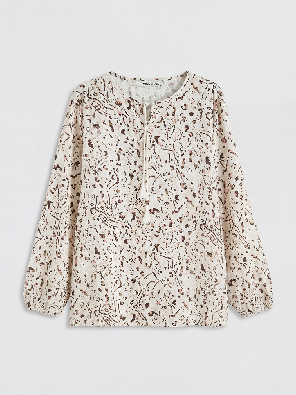 Ekru Bağlamalı Yaka Desenli Bluz-4