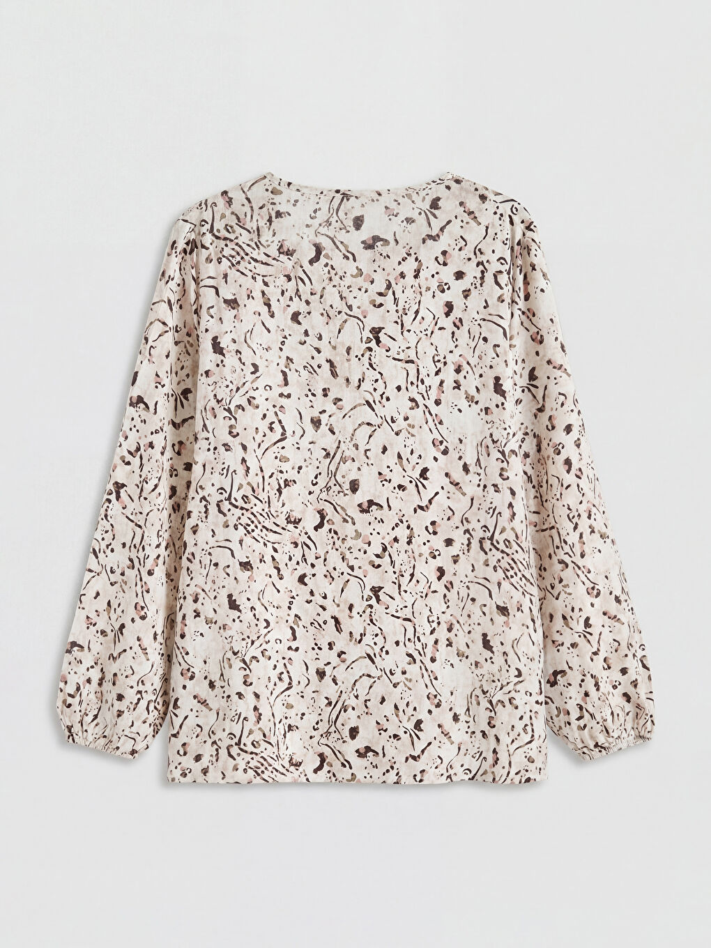 Ekru Bağlamalı Yaka Desenli Bluz-5