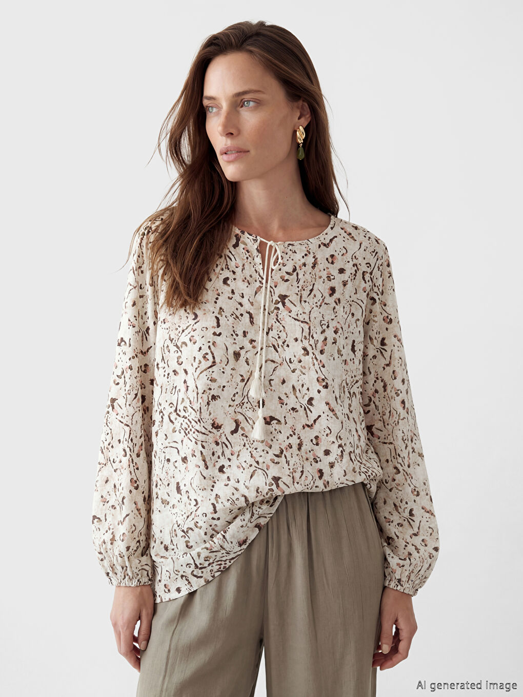 Ekru Bağlamalı Yaka Desenli Bluz