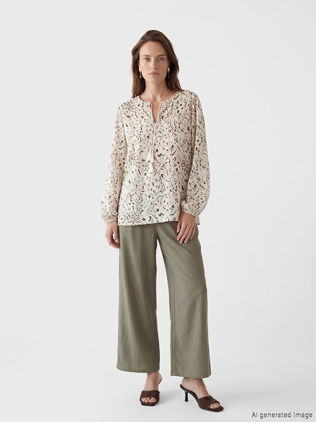 Ekru Bağlamalı Yaka Desenli Bluz-1