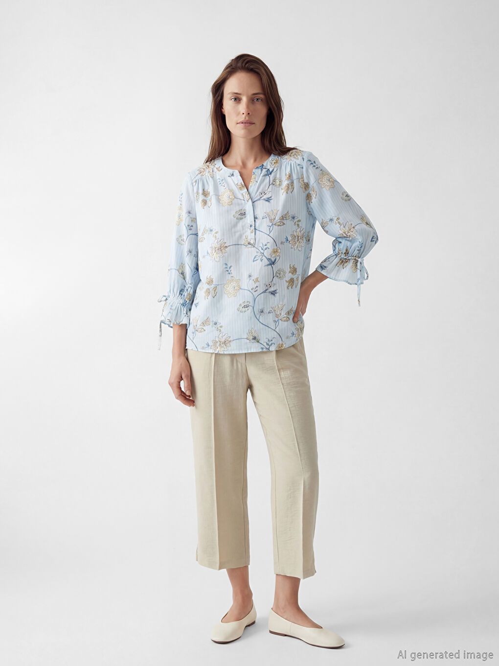 Блуза с деколте с прорез и флорален принт-1