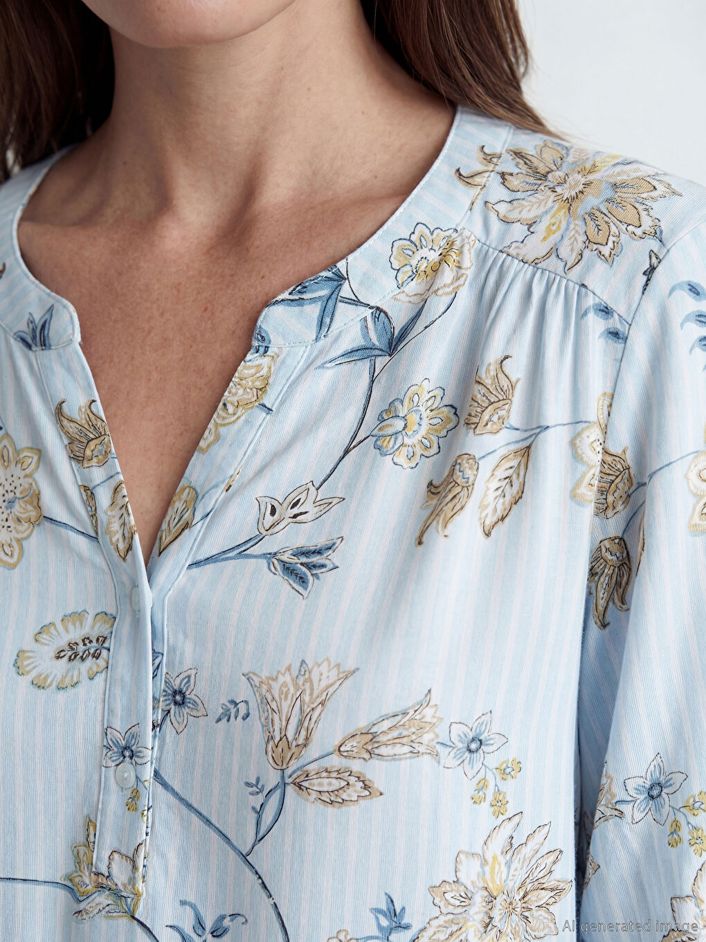 Блуза с деколте с прорез и флорален принт-2