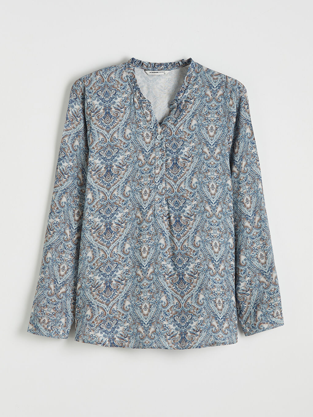 Mavi Kaçık Yaka Desenli Bluz	