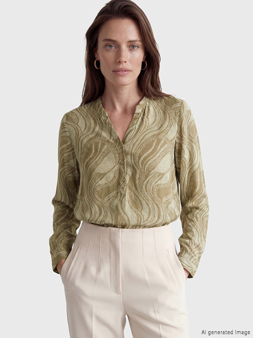 Haki Kaçık Yaka Desenli Bluz	