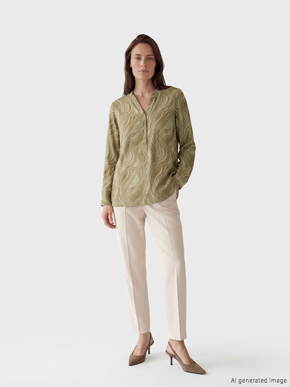 Haki Kaçık Yaka Desenli Bluz	-1