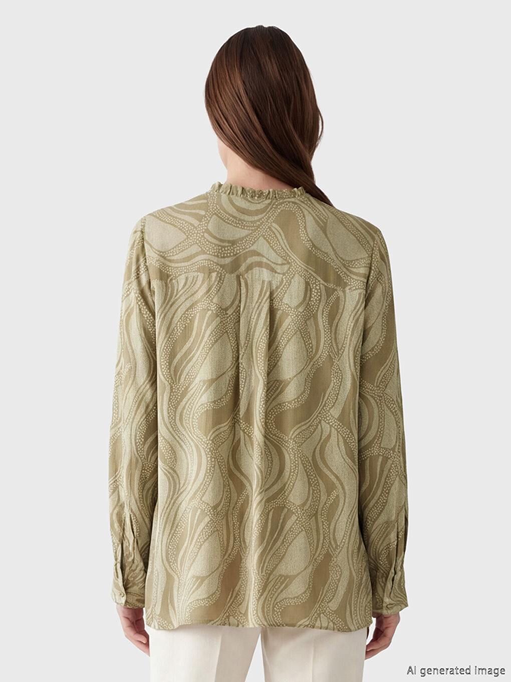 Haki Kaçık Yaka Desenli Bluz	-2