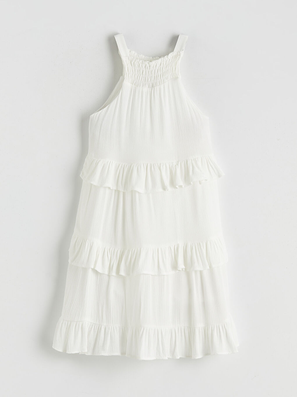 Ekru Kare Yaka Fırfırlı Kız Çocuk Elbise