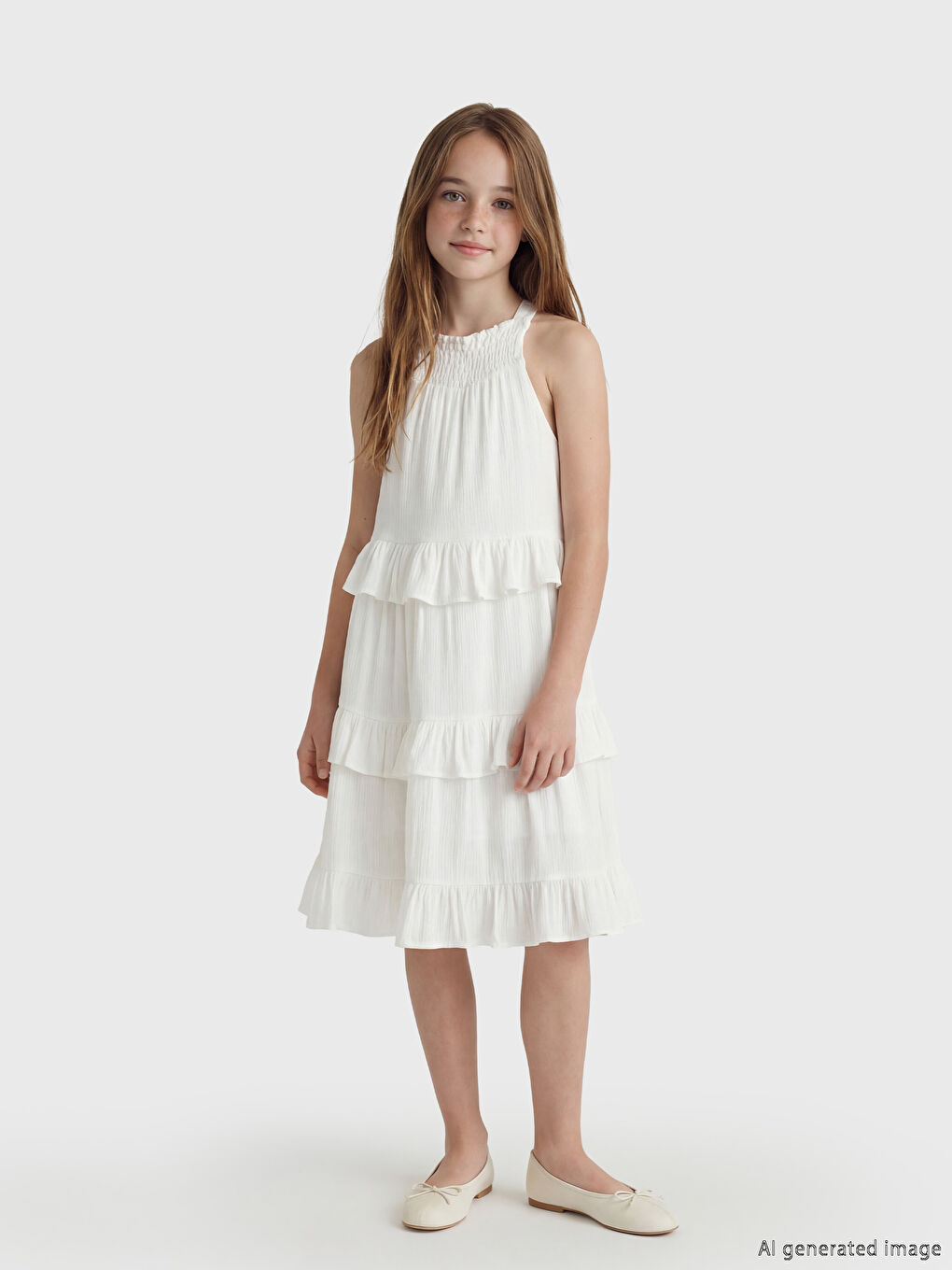 Beyaz Halter Yaka Fırfırlı Kız Çocuk Elbise