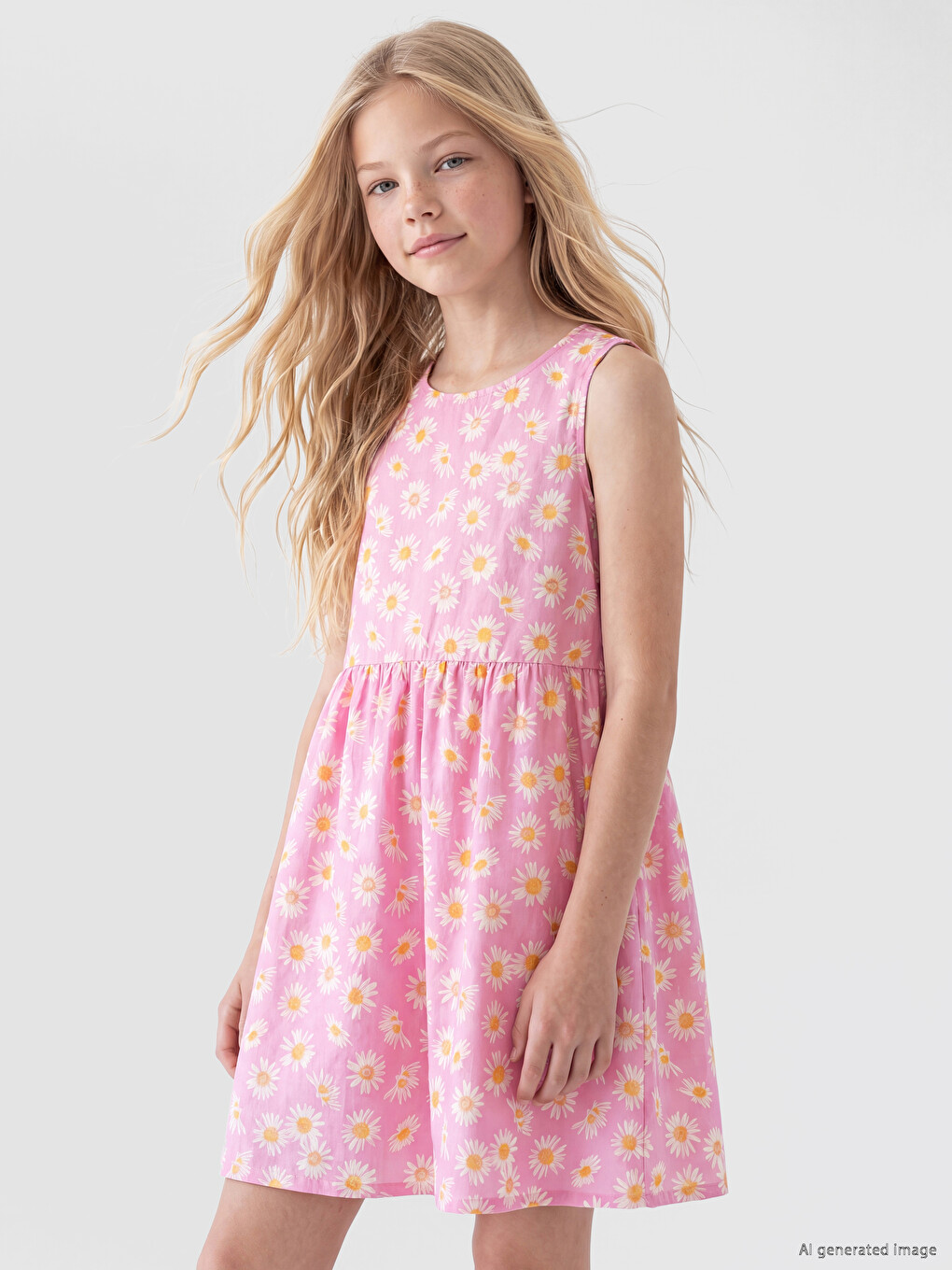 Crew Neck Floral Girls' Poplin Dress-1