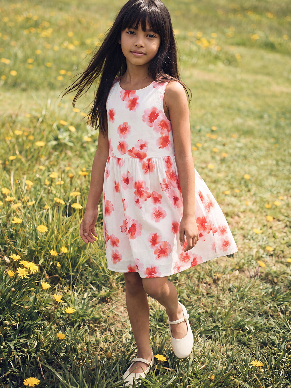 Crew Neck Floral Girls' Poplin Dress