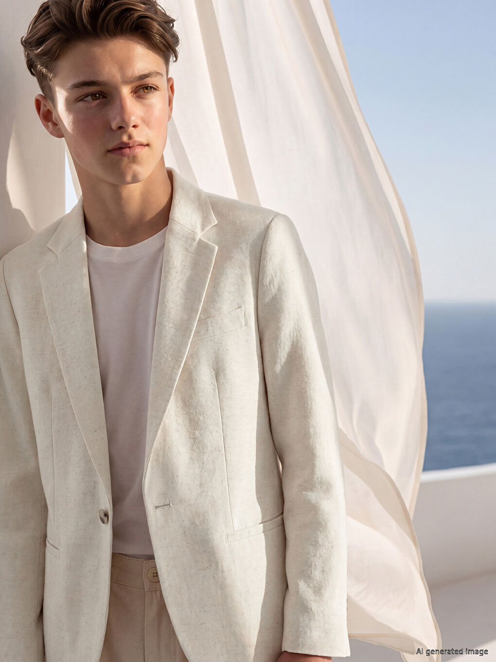 Ekru Keten Karışımlı Erkek Çocuk Blazer Ceket