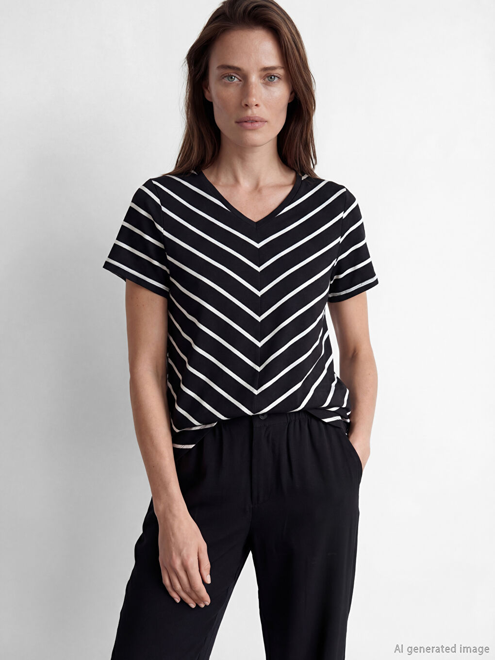V Neck Striped Women's T-Shirt