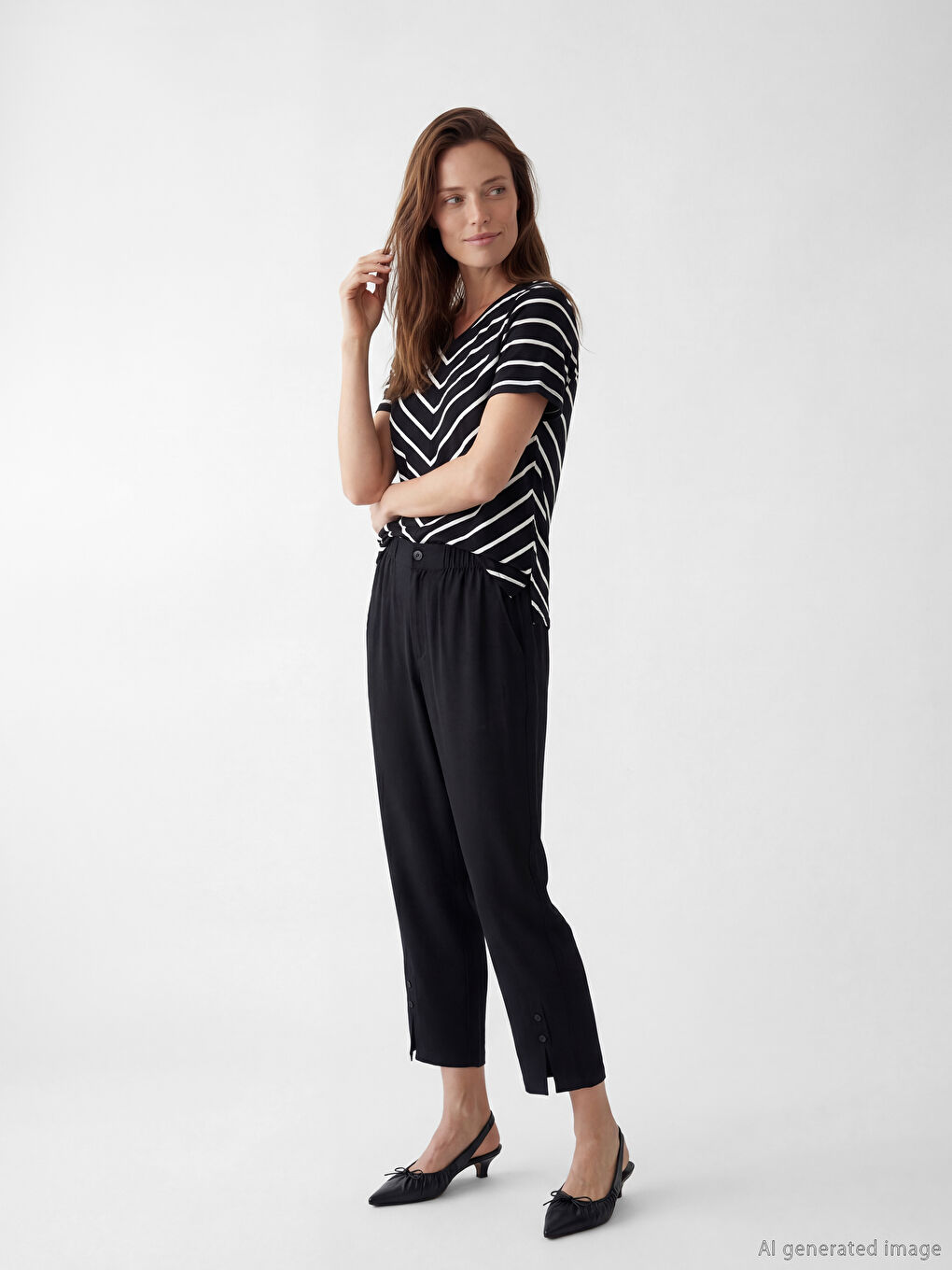 V Neck Striped Women's T-Shirt-1