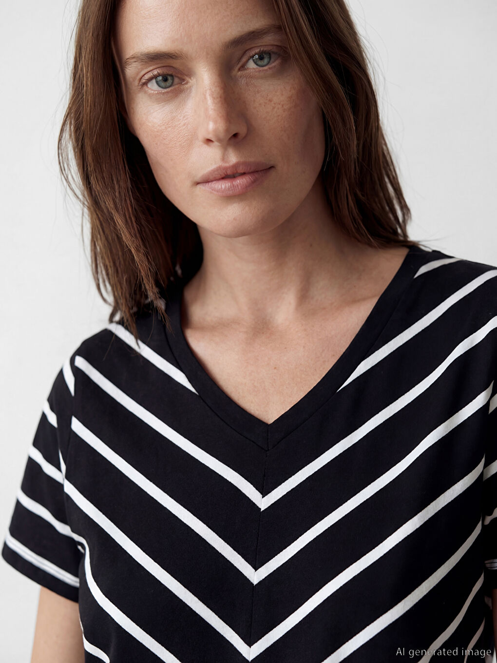 V Neck Striped Women's T-Shirt-2