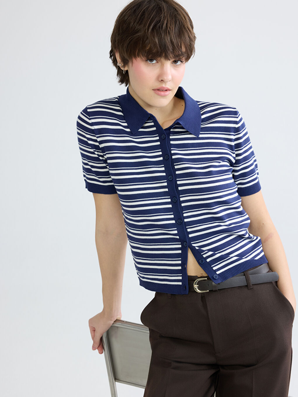 كارديجان تريكو مُخَطَّط للسيدات بياقة بولو