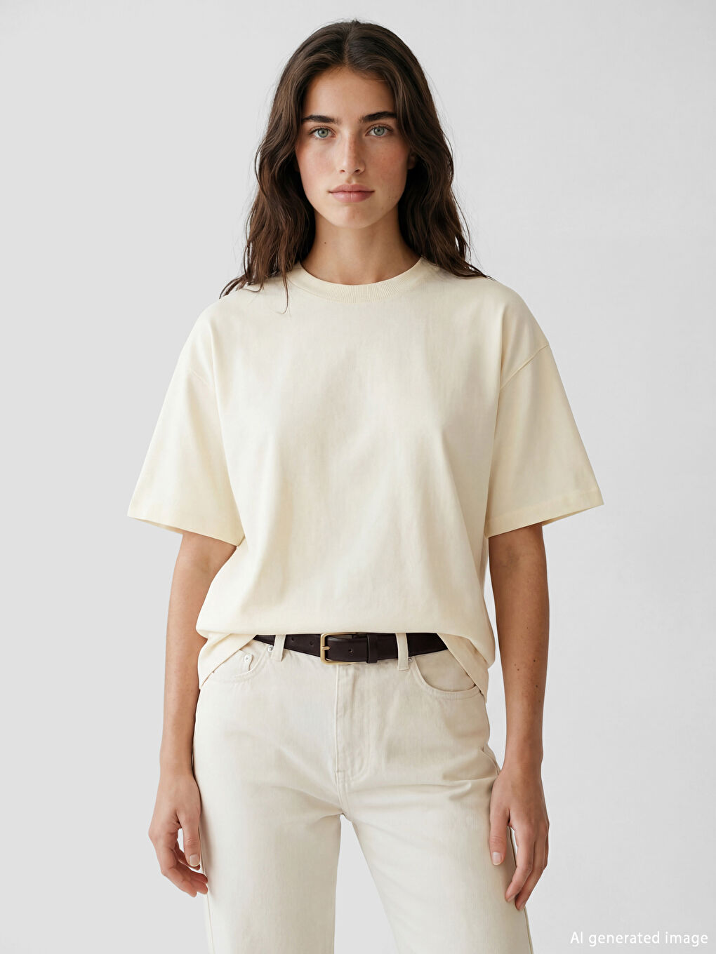 Bej Bisiklet Yaka Kadın Tişört