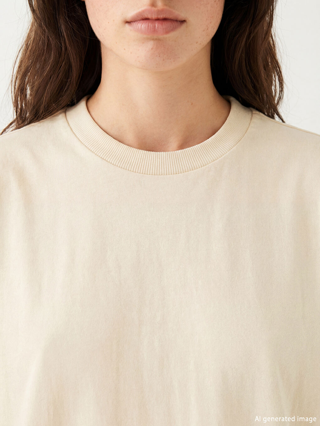 Bej Bisiklet Yaka Kadın Tişört-2