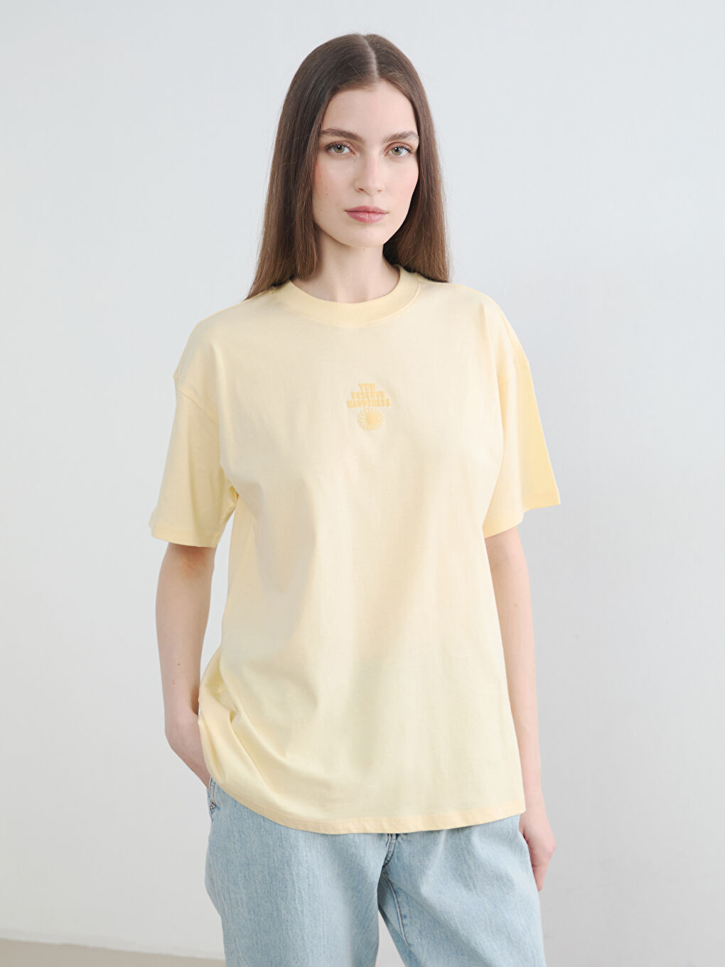Sarı Bisiklet Yaka Baskılı Kadın Tişört