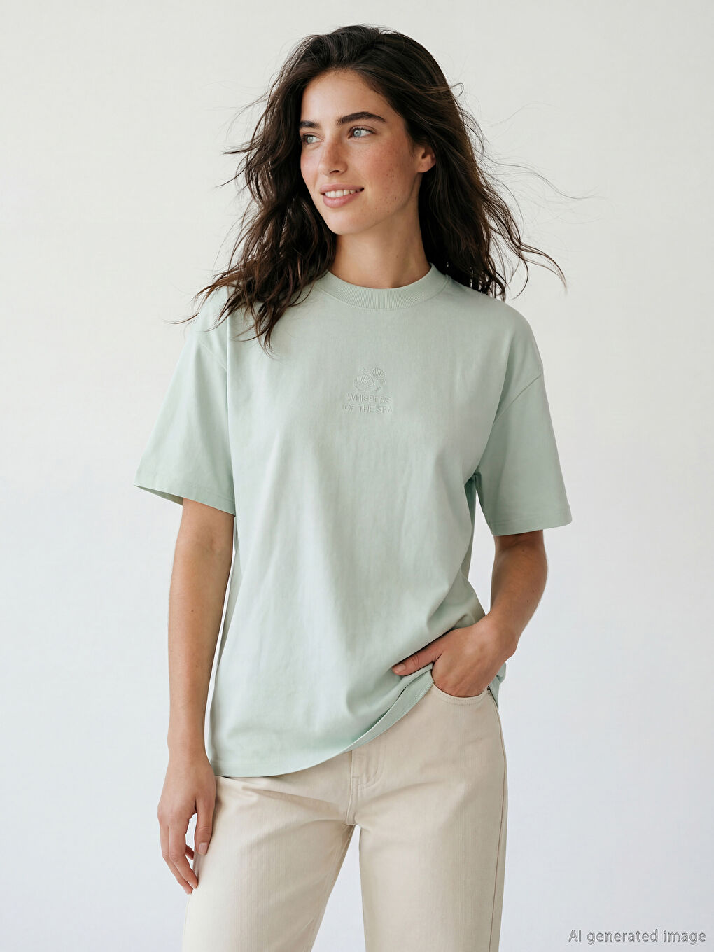 Yeşil Bisiklet Yaka Baskılı Kadın Tişört