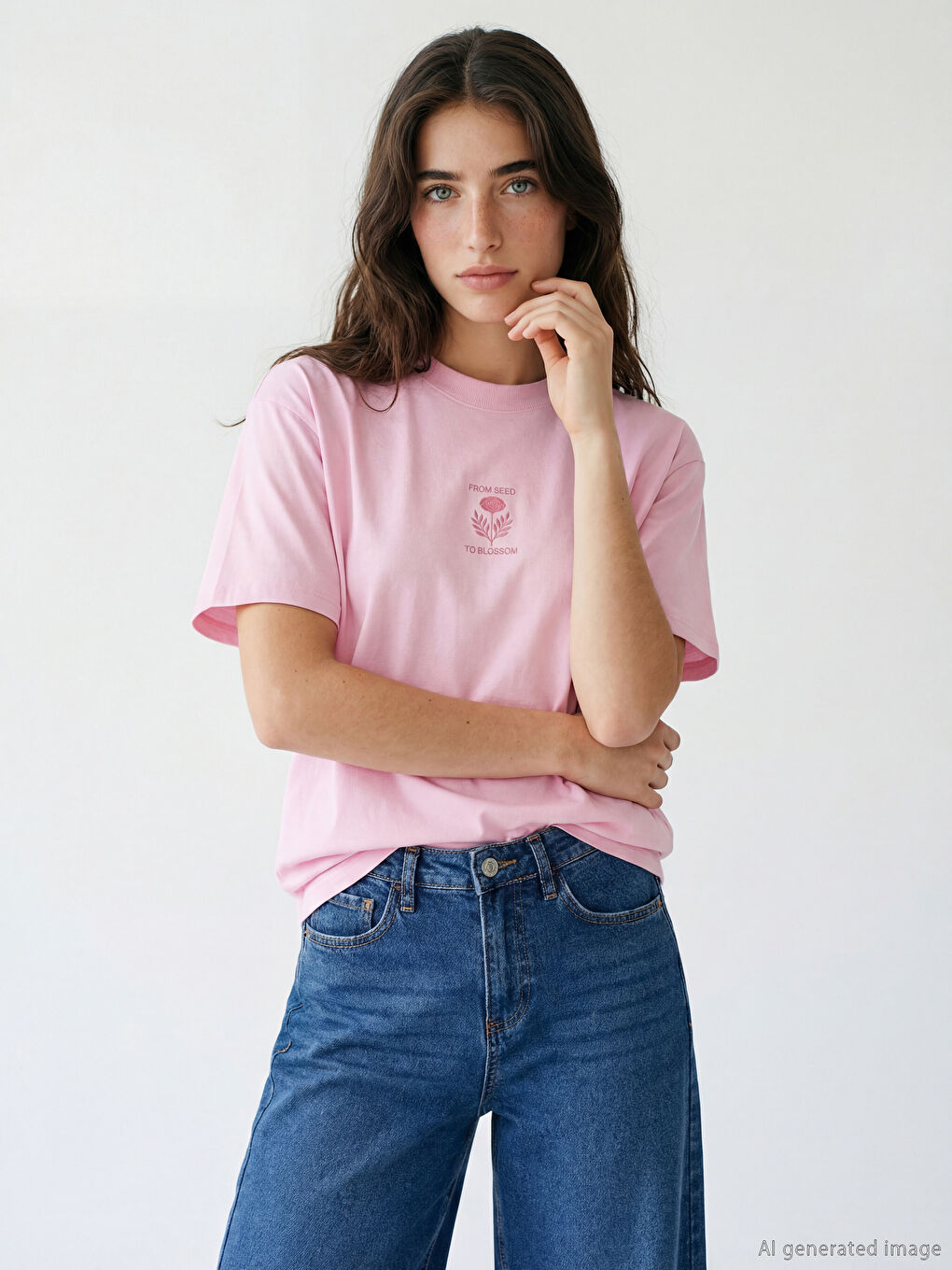 Pembe Bisiklet Yaka Baskılı Kadın Tişört