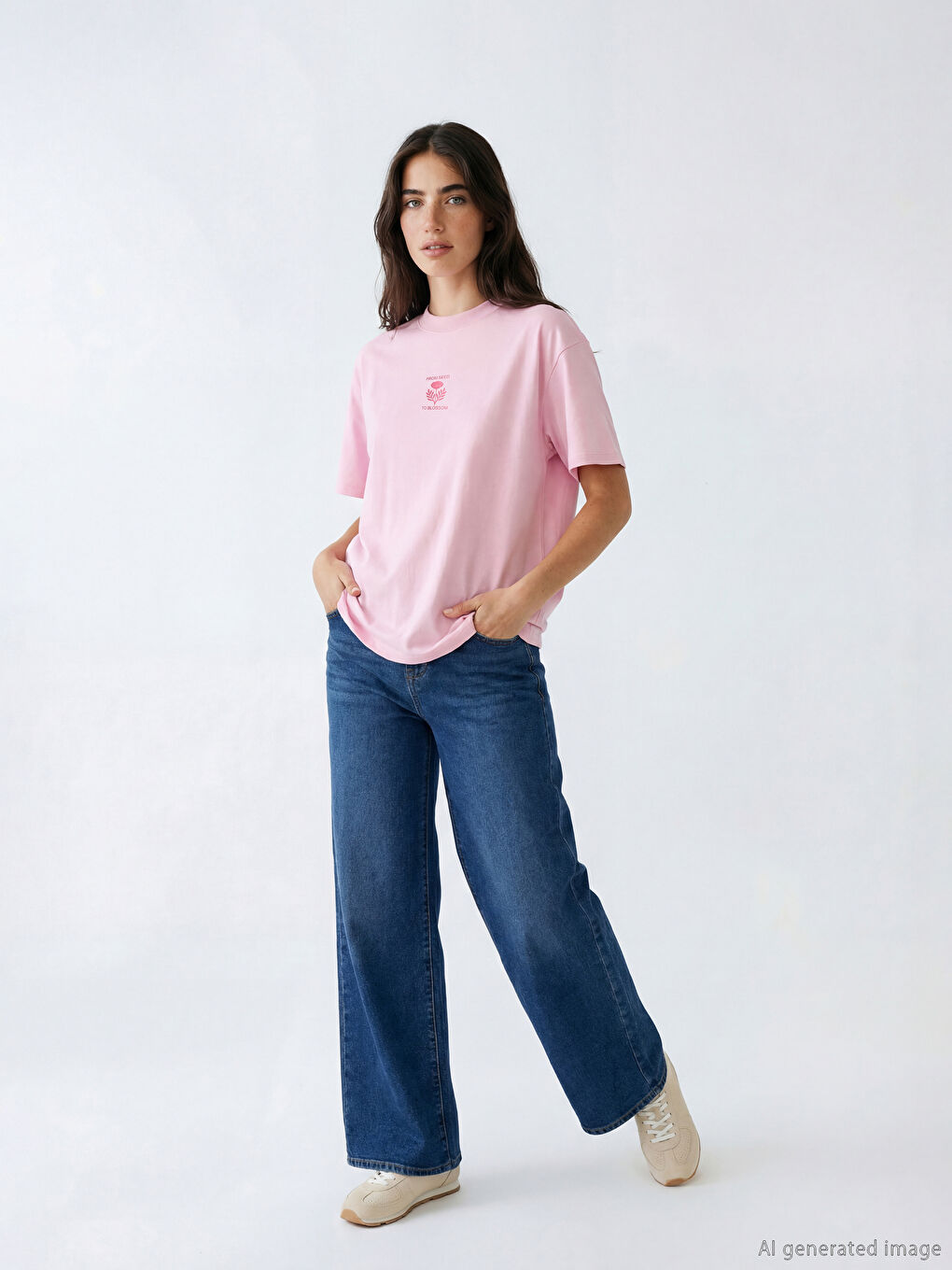 Pembe Bisiklet Yaka Baskılı Kadın Tişört-1