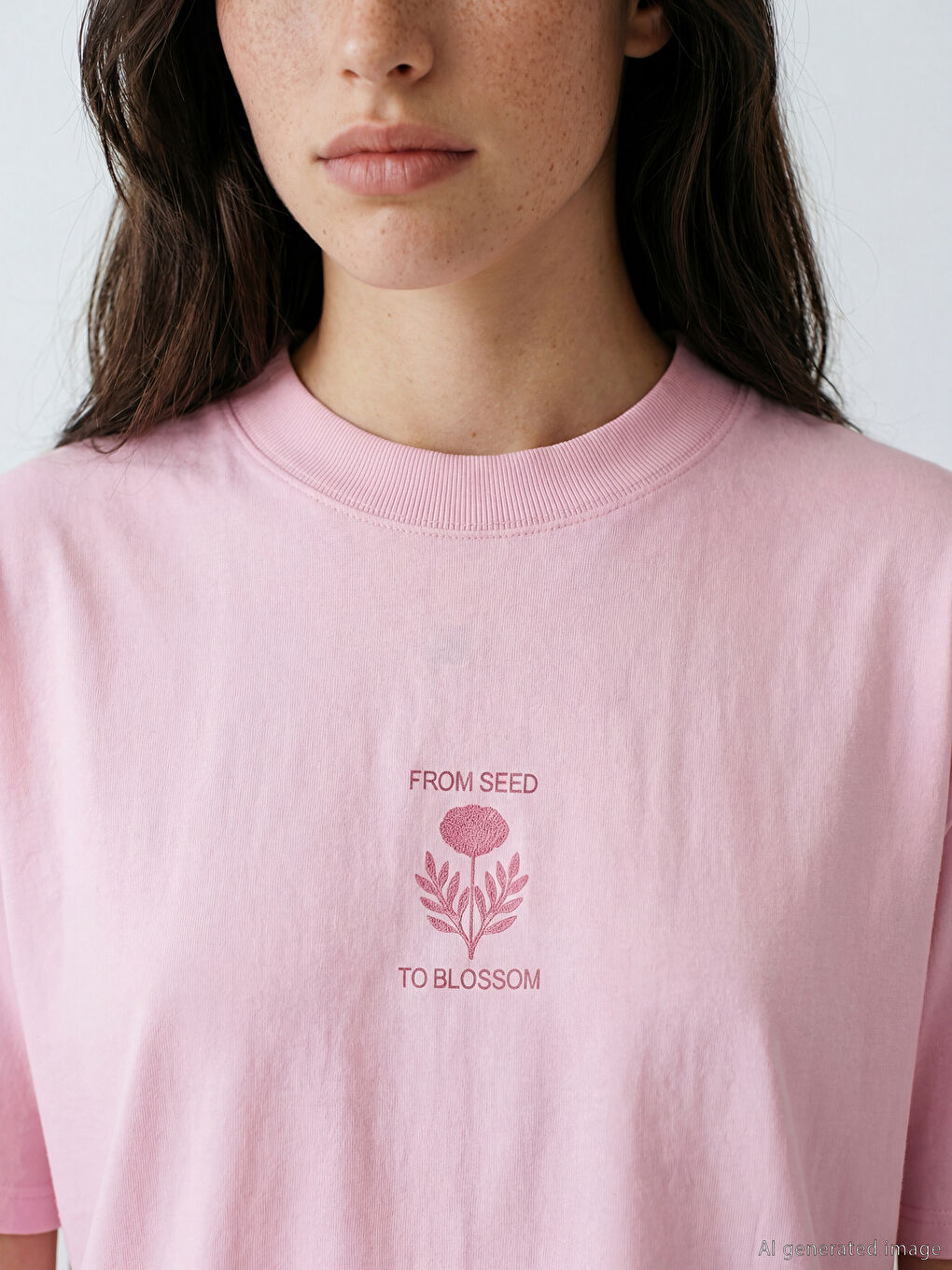 Pembe Bisiklet Yaka Baskılı Kadın Tişört-2