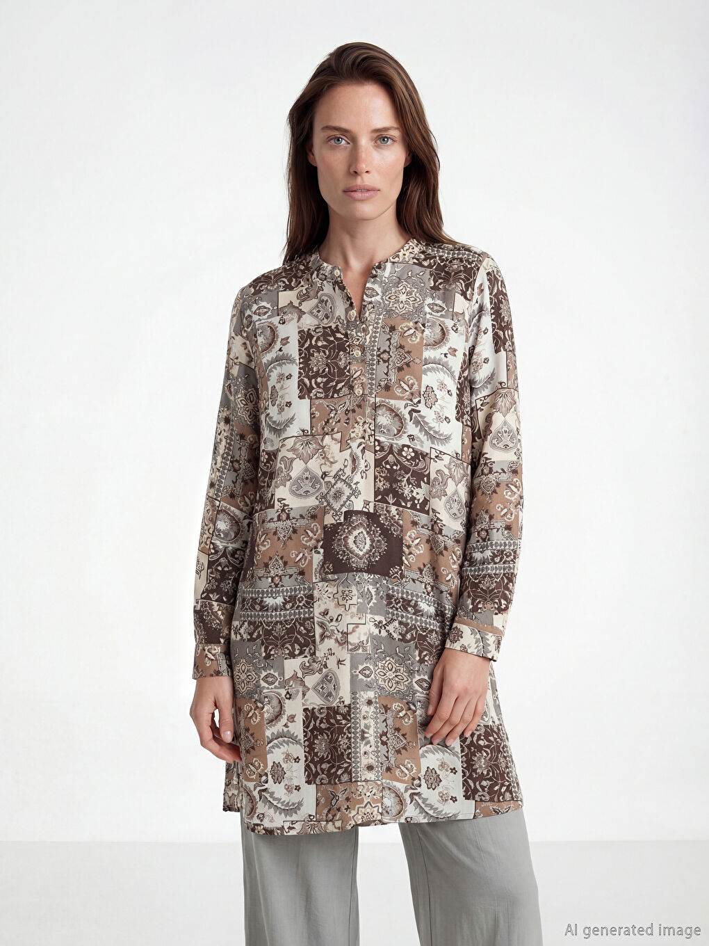 Band Collar Patterned Women's Tunic