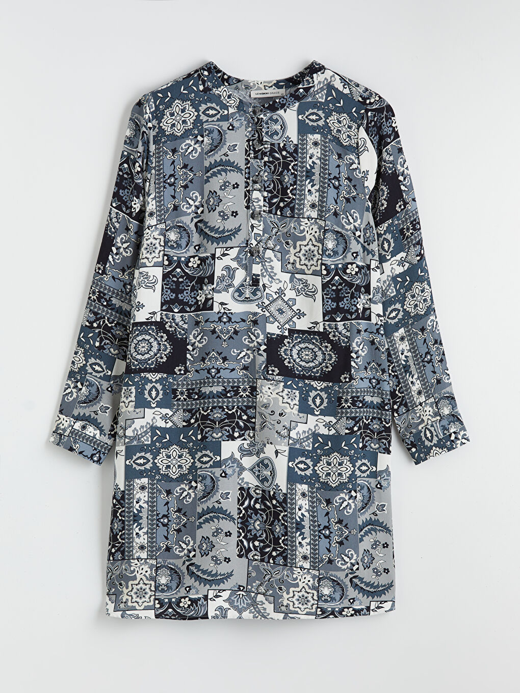 İndigo Hakim Yaka Desenli Kadın Tunik