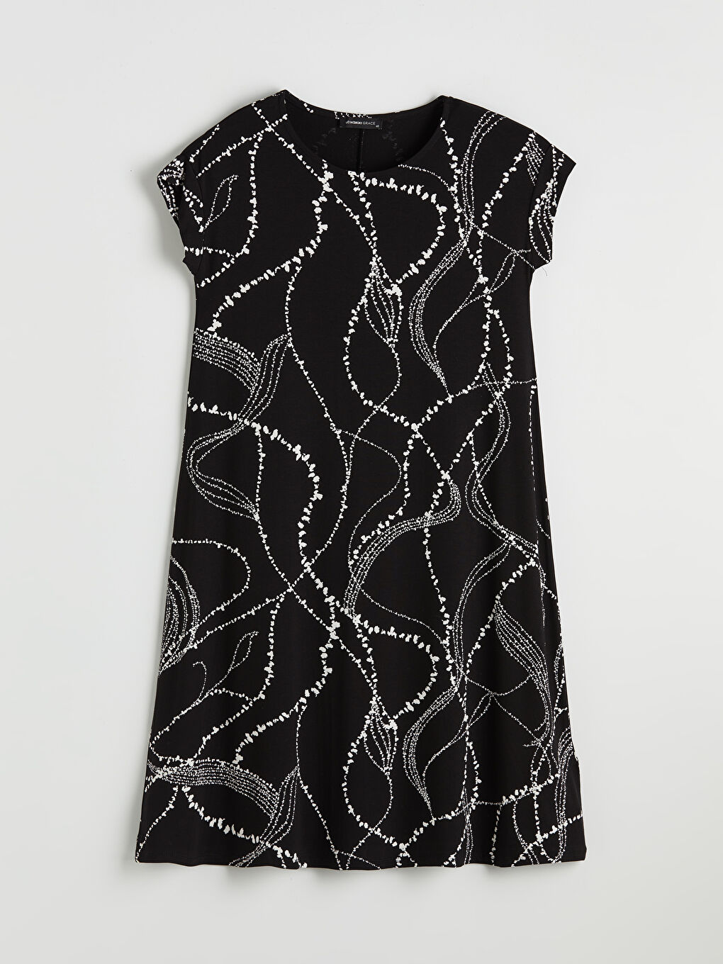 Siyah Bisiklet Yaka Desenli A Kesim Elbise-3