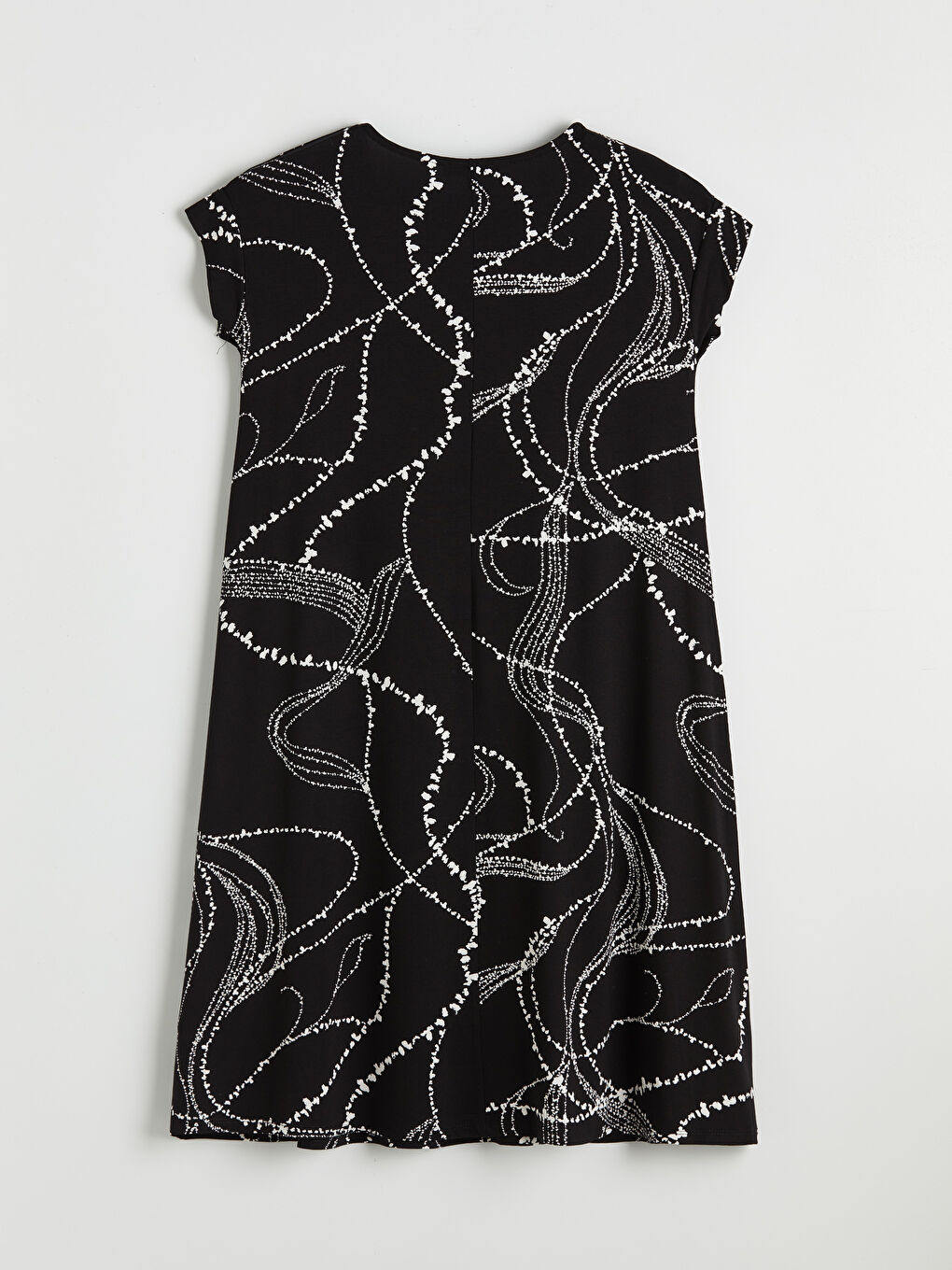 Siyah Bisiklet Yaka Desenli A Kesim Elbise-4