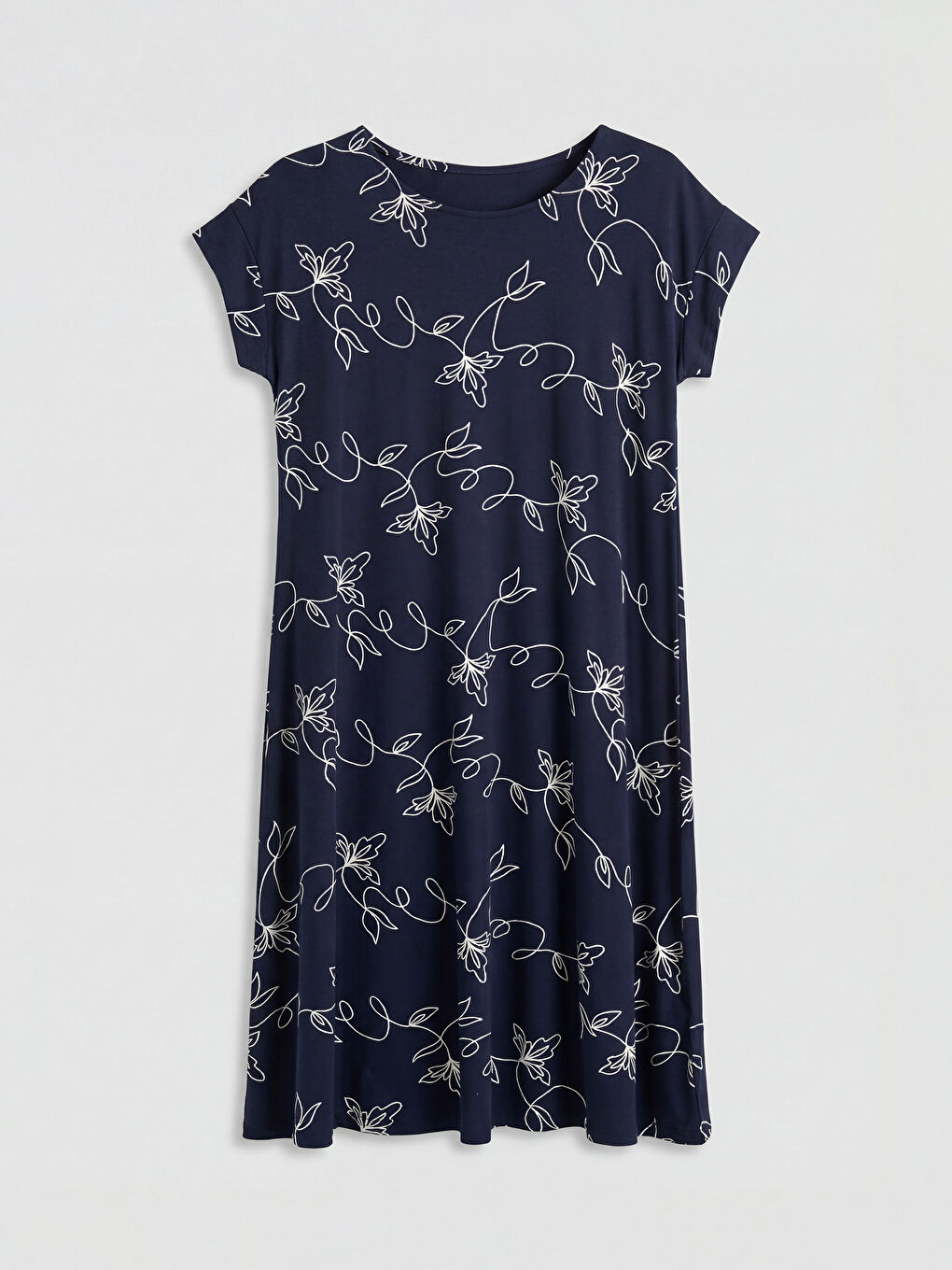 Lacivert Bisiklet Yaka Desenli A Kesim Elbise-4