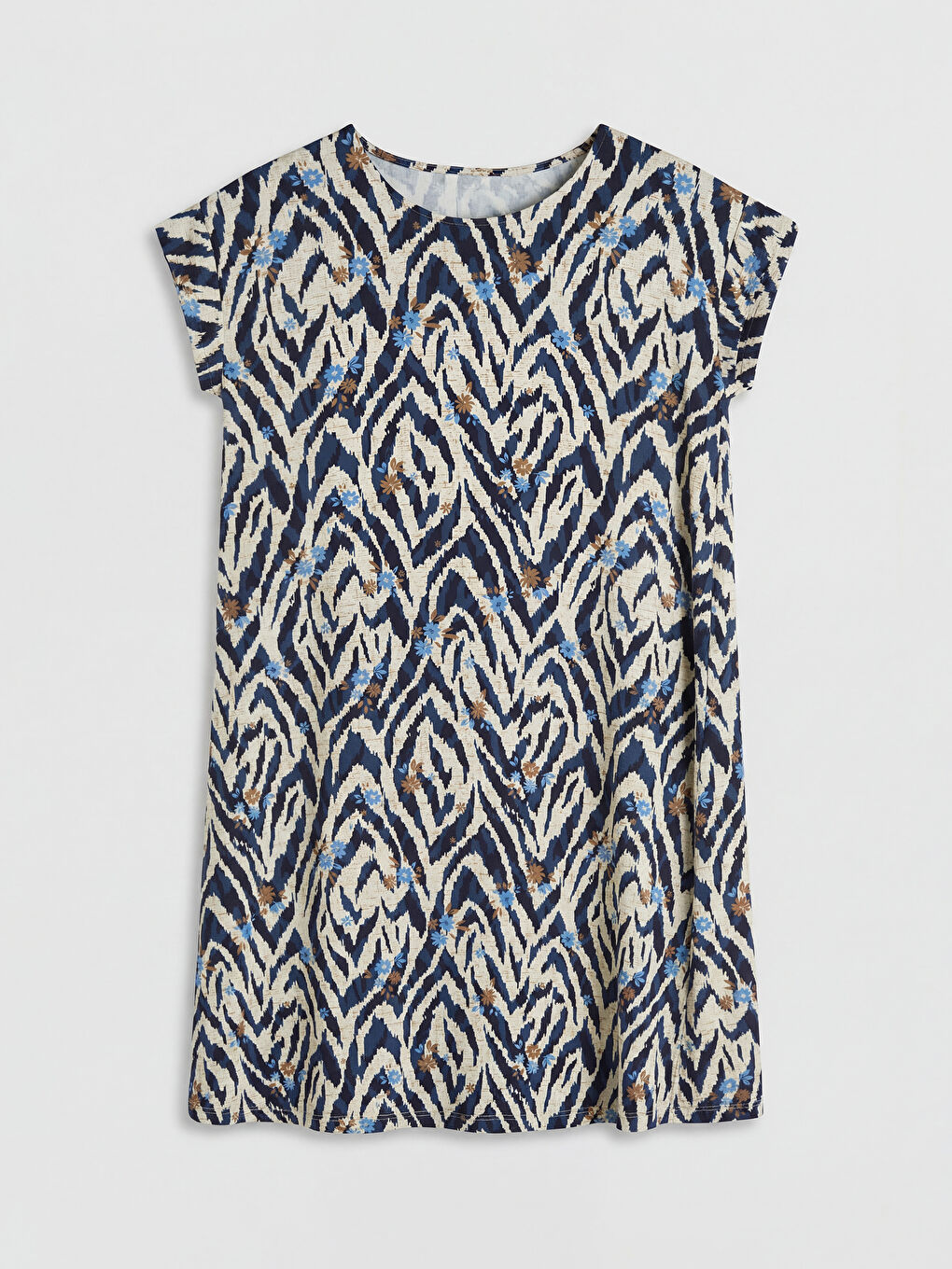 Lacivert Bisiklet Yaka Desenli A Kesim Elbise-4