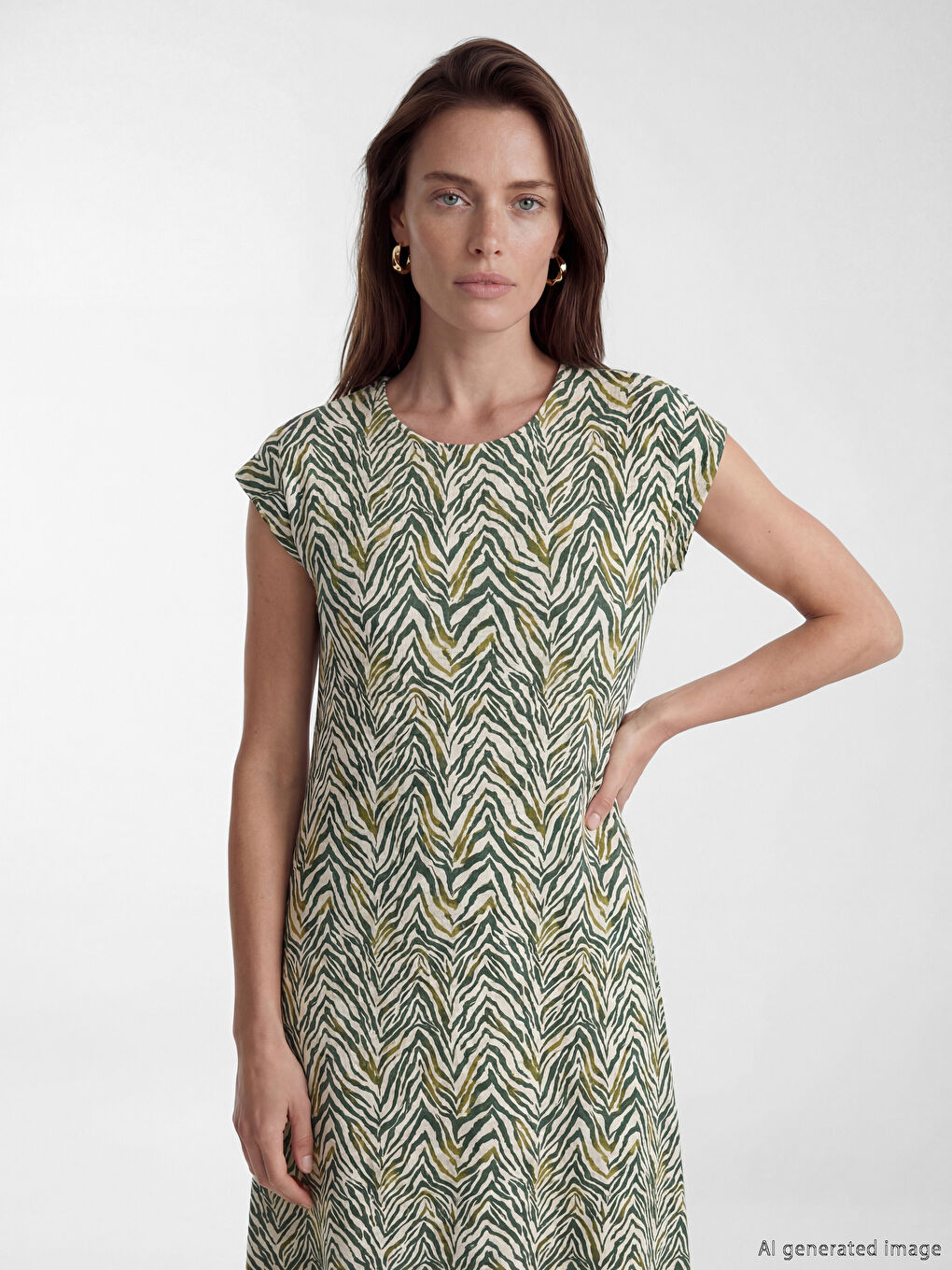 Bej Bisiklet Yaka Desenli A Kesim Elbise