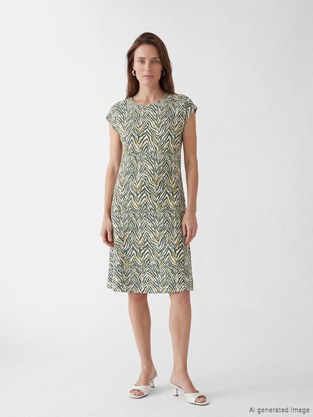 Bej Bisiklet Yaka Desenli A Kesim Elbise-1