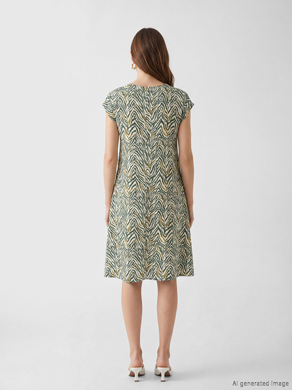 Bej Bisiklet Yaka Desenli A Kesim Elbise-2