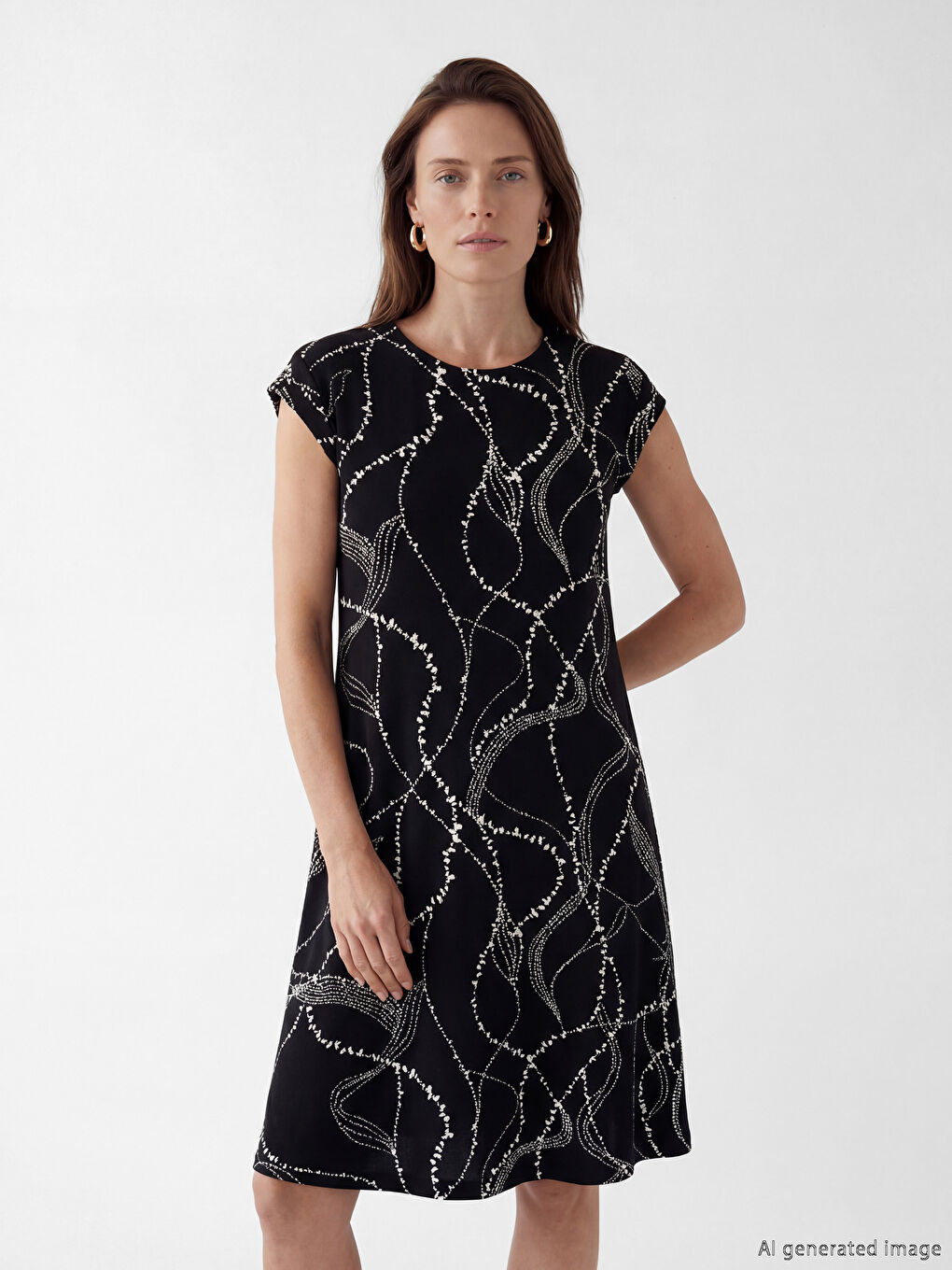 Siyah Bisiklet Yaka Desenli A Kesim Elbise