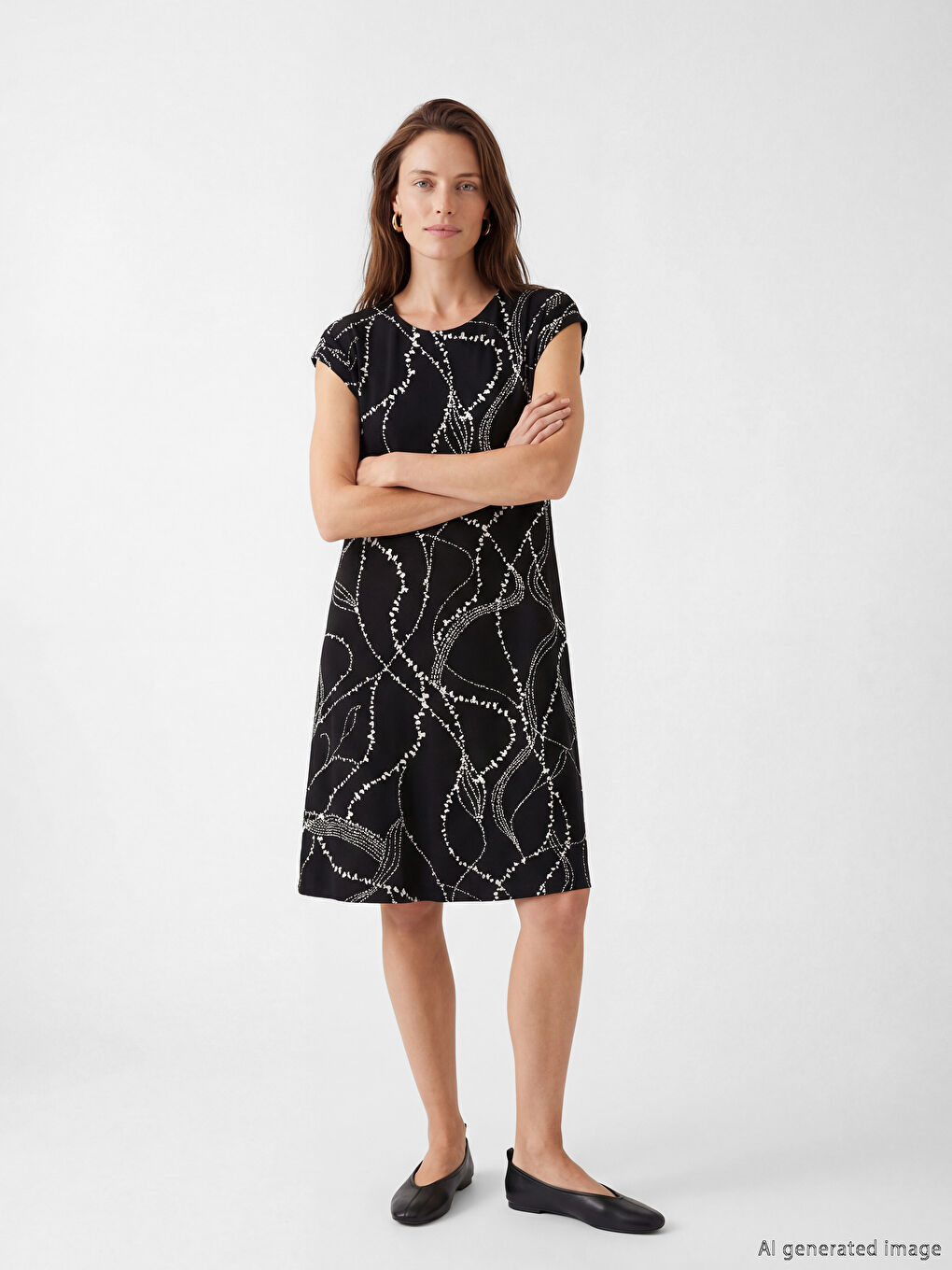 Siyah Bisiklet Yaka Desenli A Kesim Elbise-1