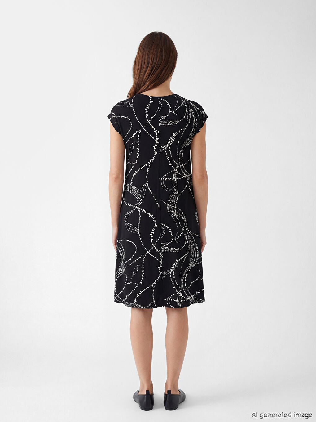 Siyah Bisiklet Yaka Desenli A Kesim Elbise-2