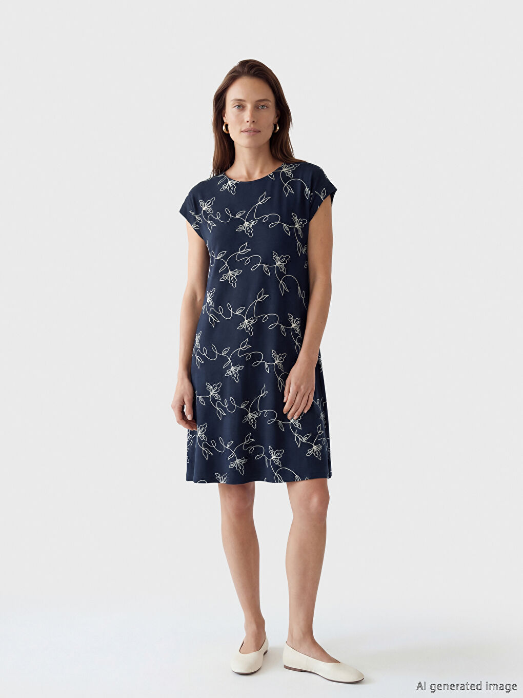 Lacivert Bisiklet Yaka Desenli A Kesim Elbise-1