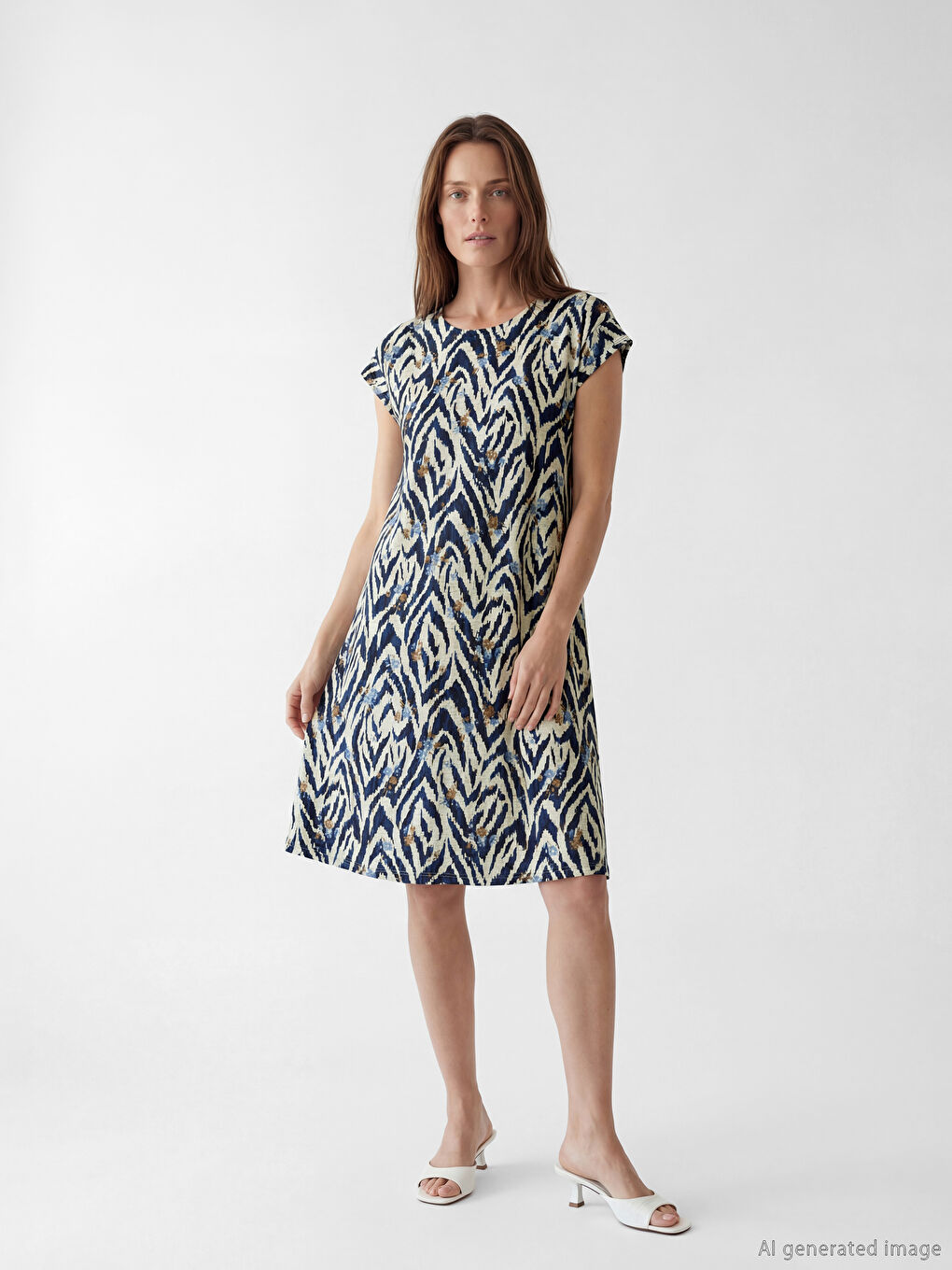 Lacivert Bisiklet Yaka Desenli A Kesim Elbise