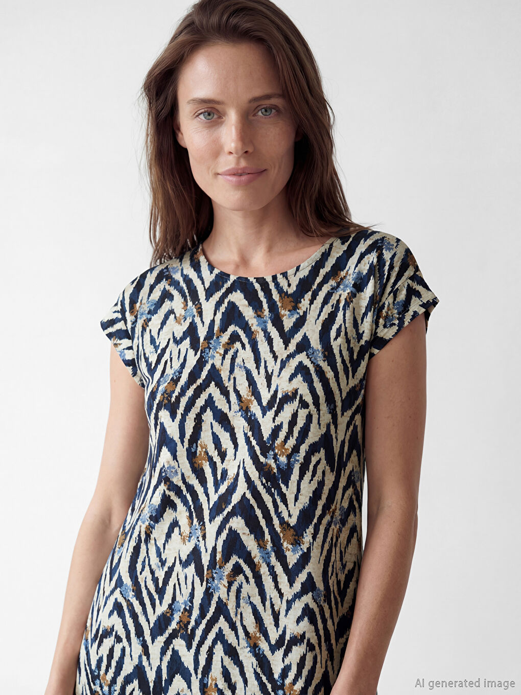 Lacivert Bisiklet Yaka Desenli A Kesim Elbise-1