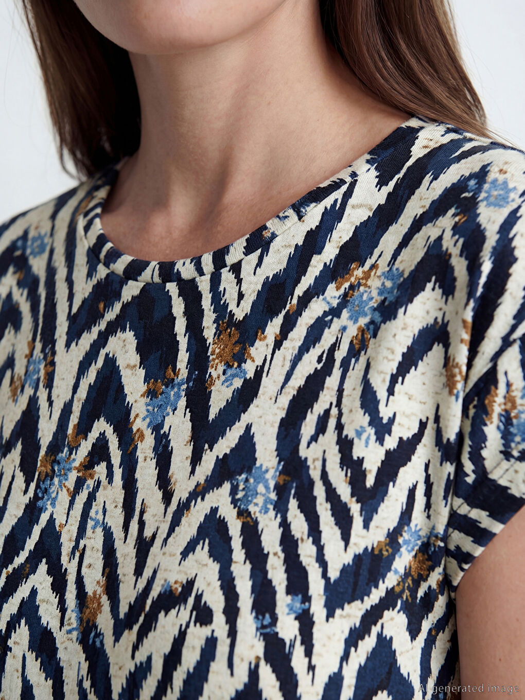 Lacivert Bisiklet Yaka Desenli A Kesim Elbise-2