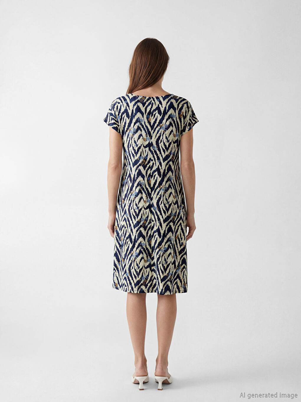 Lacivert Bisiklet Yaka Desenli A Kesim Elbise-3