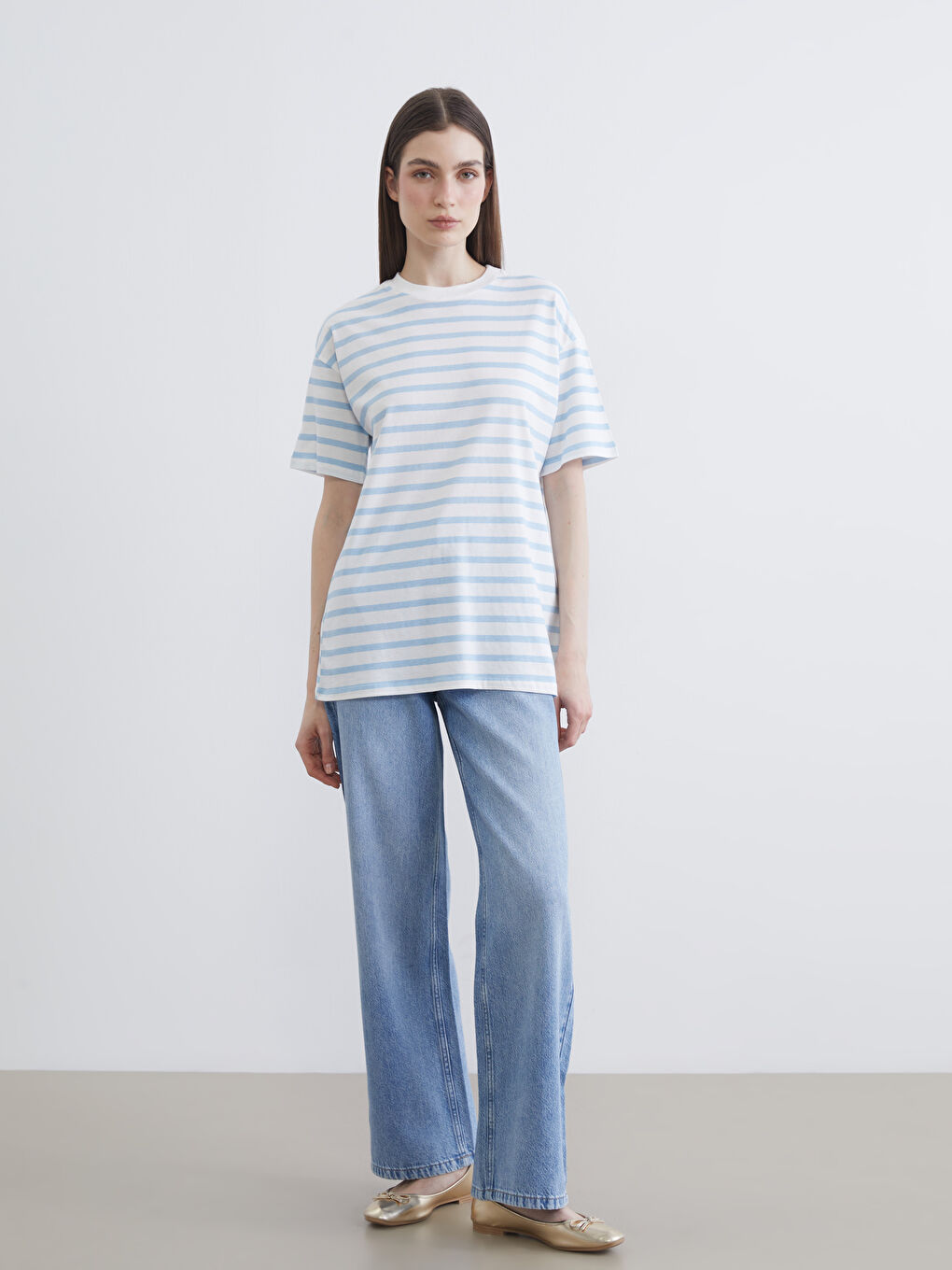 Mavi Bisiklet Yaka Çizgili Kadın Tişört-1