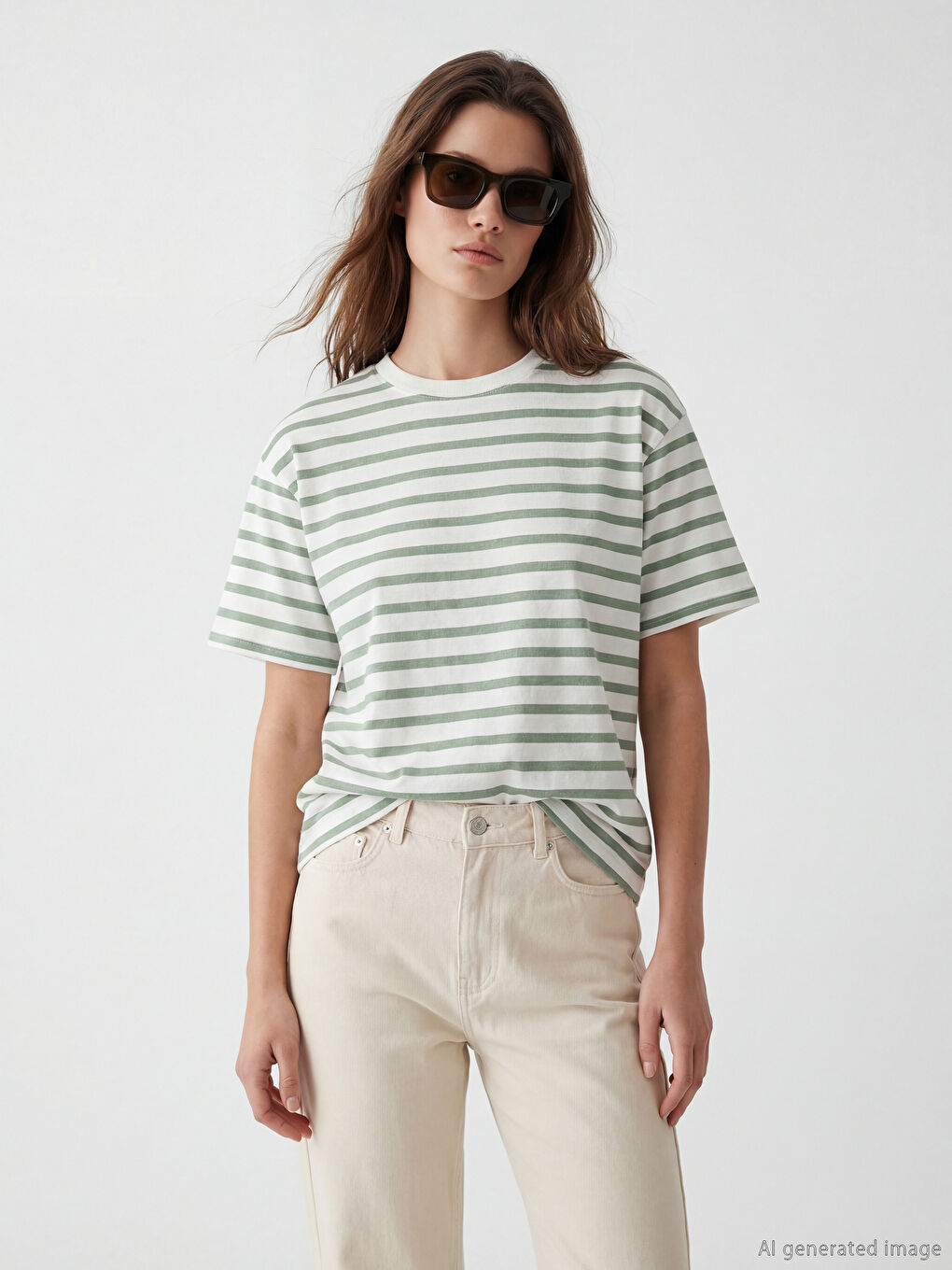 Yeşil Bisiklet Yaka Çizgili Kadın Tişört