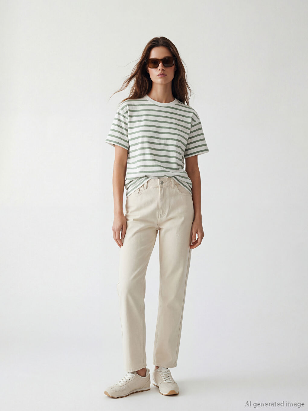 Yeşil Bisiklet Yaka Çizgili Kadın Tişört-1